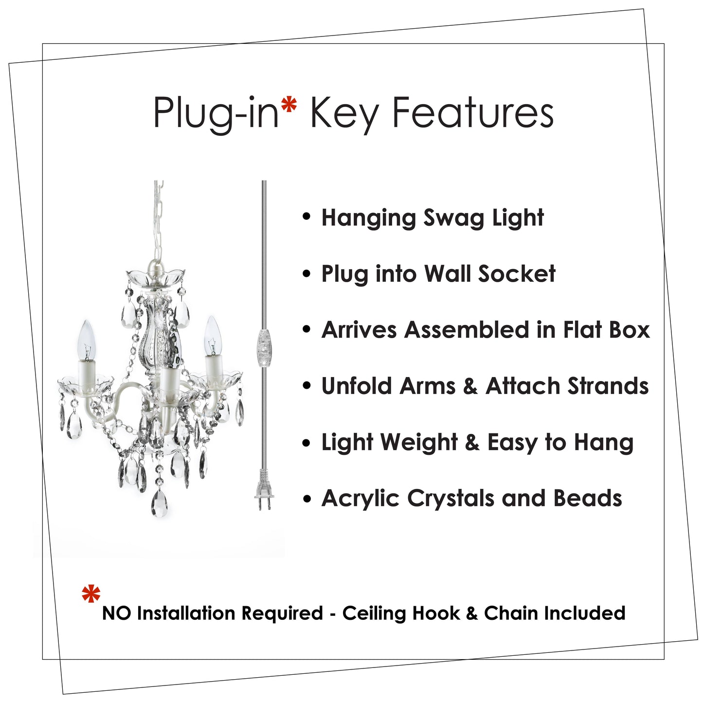 3 Light Crystal White Plug-in Chandelier