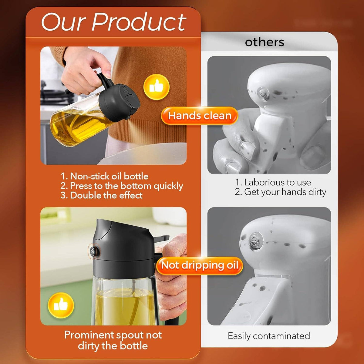 2-in-1 Oil Sprayer & Oil Dispenser – 16oz Glass, Oil Bottle