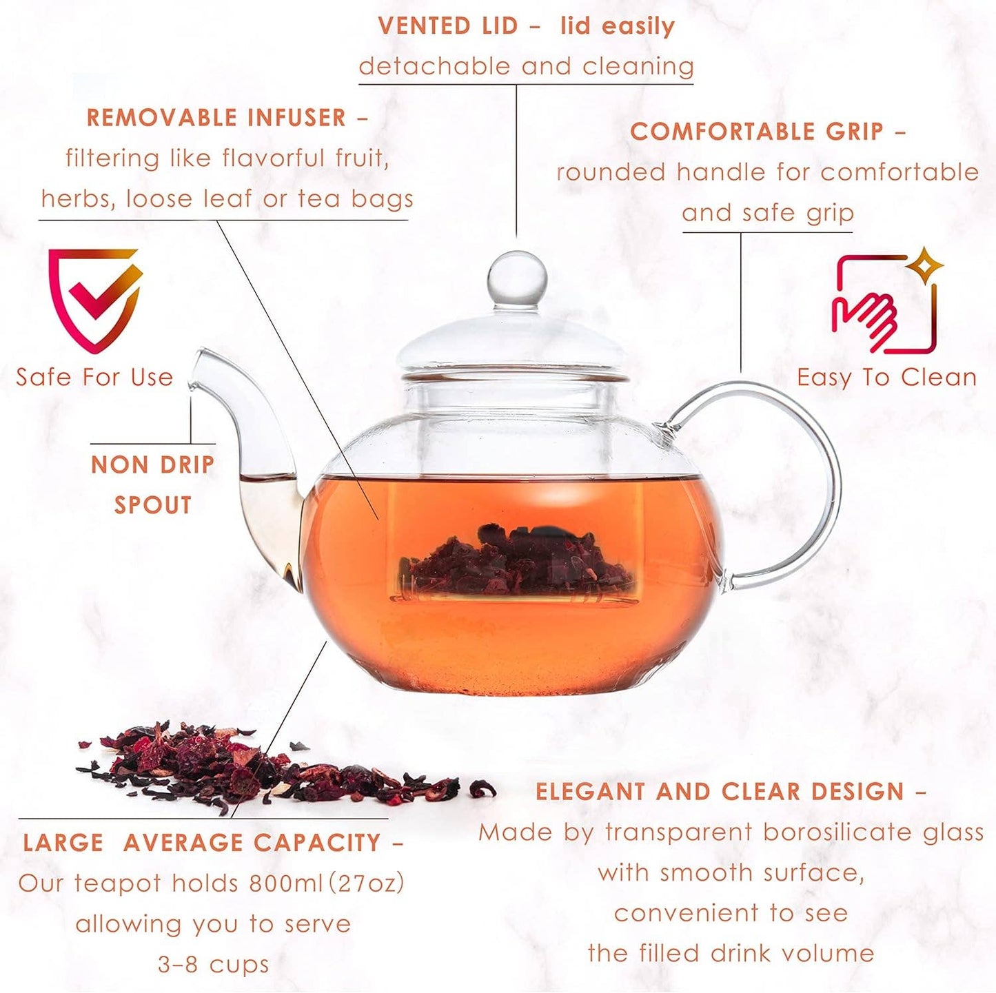 Glass 27oz Tea Kettle Infuser & 4 Tea Cups Gift Set, Borosilicate Glass Teapot With Removable Glass Strainer & Teacups Of 2.7 oz, Teapot With Strainer Microwave Safe Tea Maker