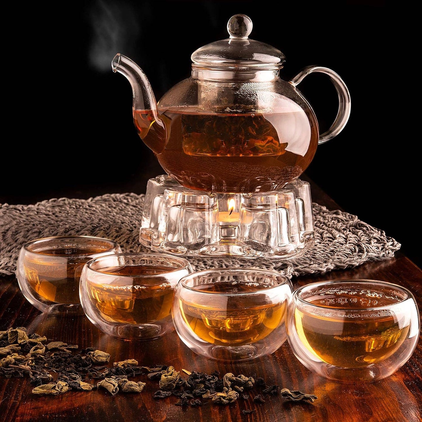 Glass 27oz Tea Kettle Infuser & 4 Tea Cups Gift Set, Borosilicate Glass Teapot With Removable Glass Strainer & Teacups Of 2.7 oz, Teapot With Strainer Microwave Safe Tea Maker