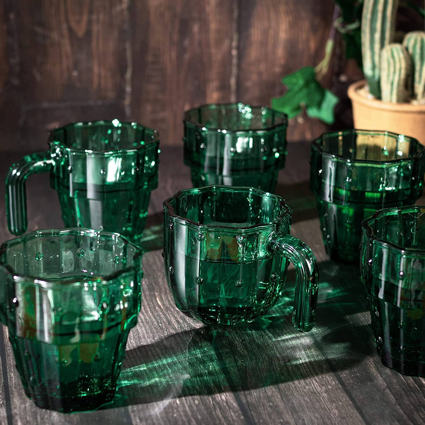 Cactus Stackable Glasses, Glass Green Cactus Cups - 6 Set