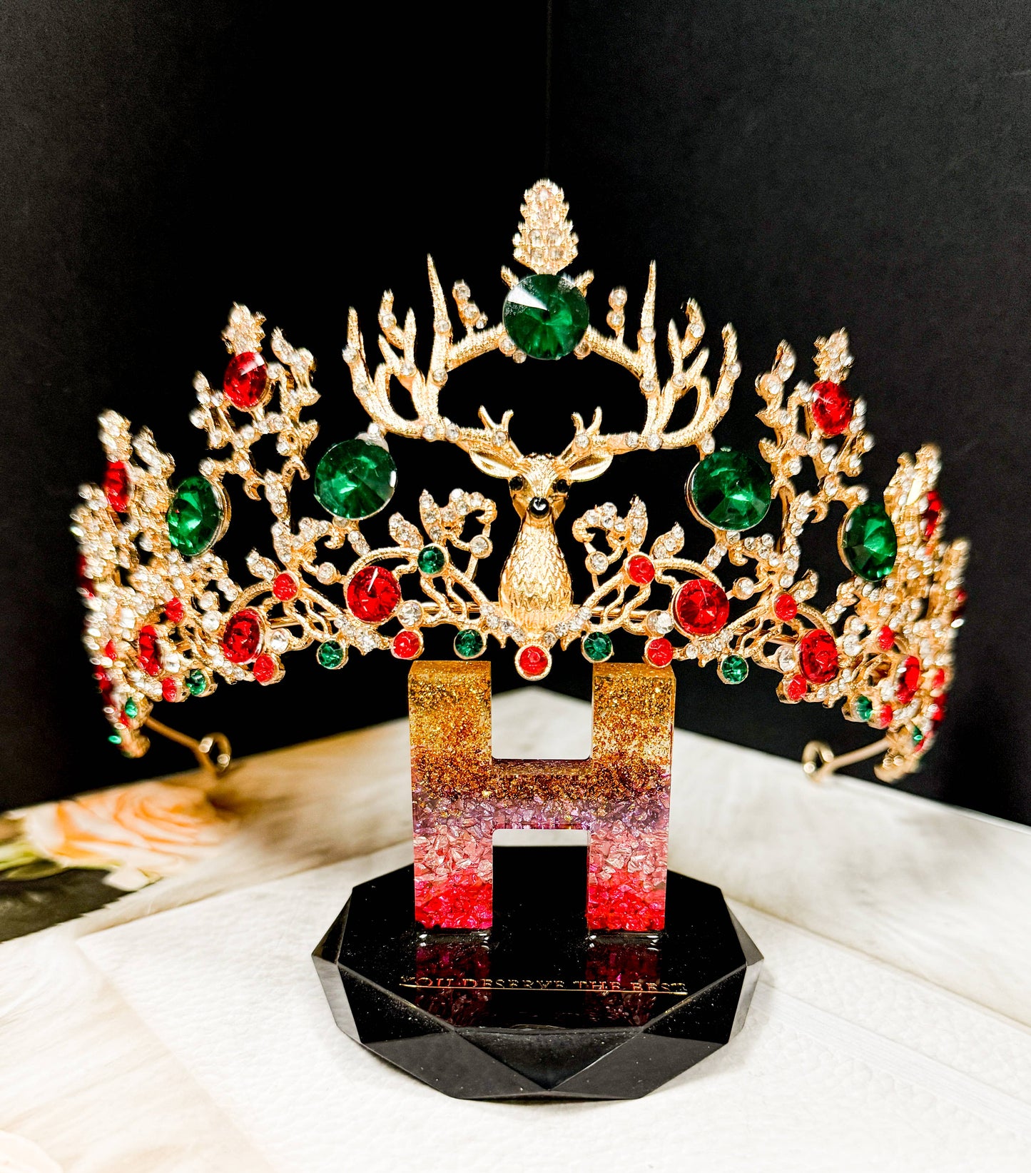 Christmas Crown, Reindeer Crystal Tiara, Gold Tree Topper