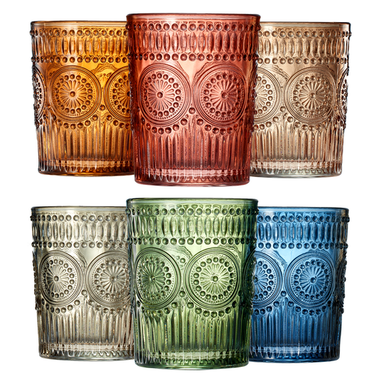 Colored Vintage Drinking Glasses Set | Set of 6 | 10 OZ