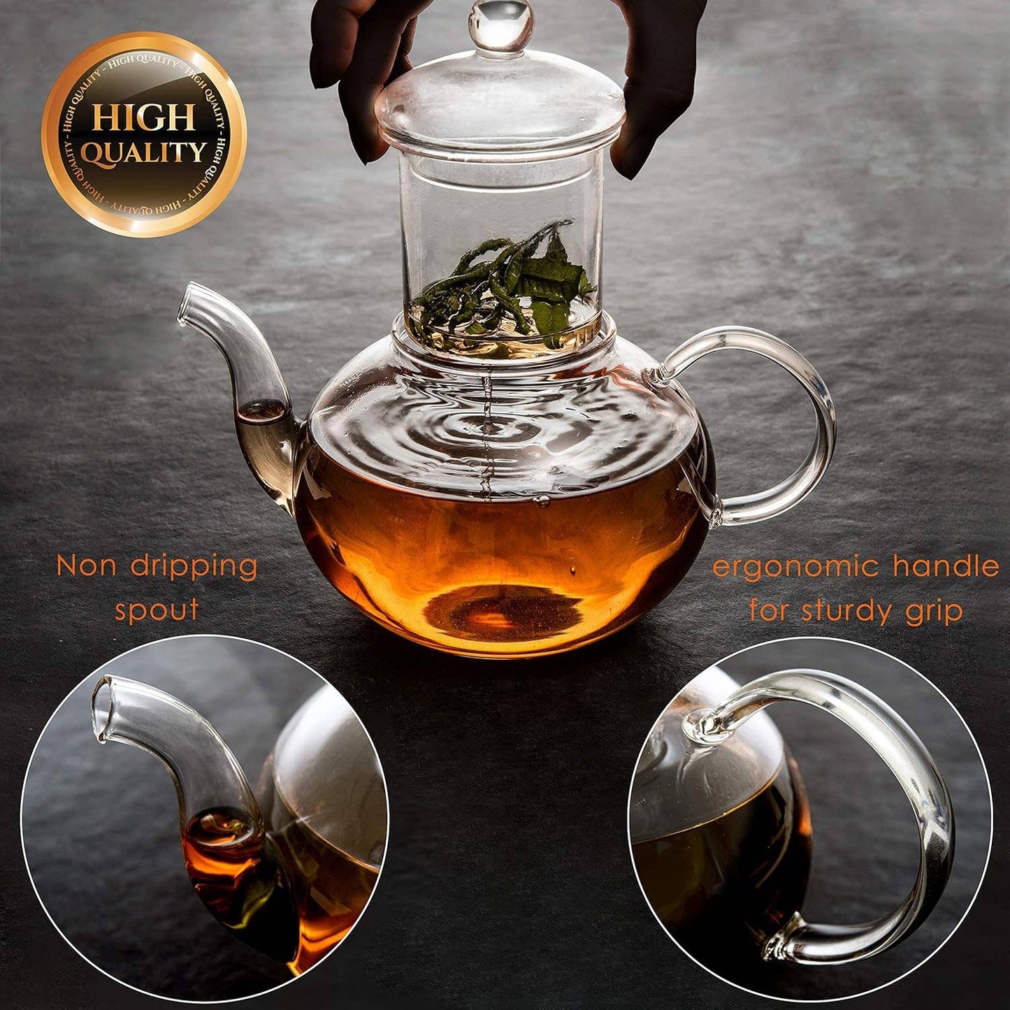 Glass 27oz Tea Kettle Infuser & 4 Tea Cups Gift Set, Borosilicate Glass Teapot With Removable Glass Strainer & Teacups Of 2.7 oz, Teapot With Strainer Microwave Safe Tea Maker