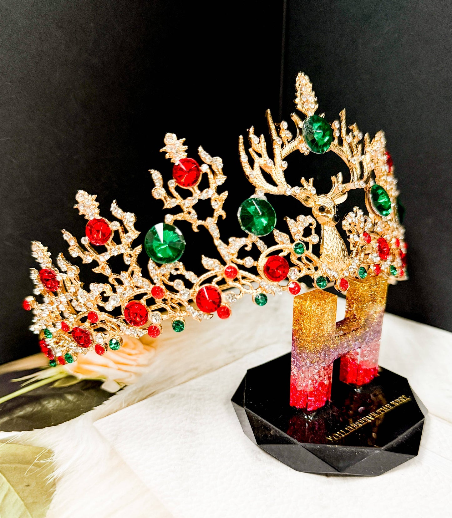 Christmas Crown, Reindeer Crystal Tiara, Gold Tree Topper