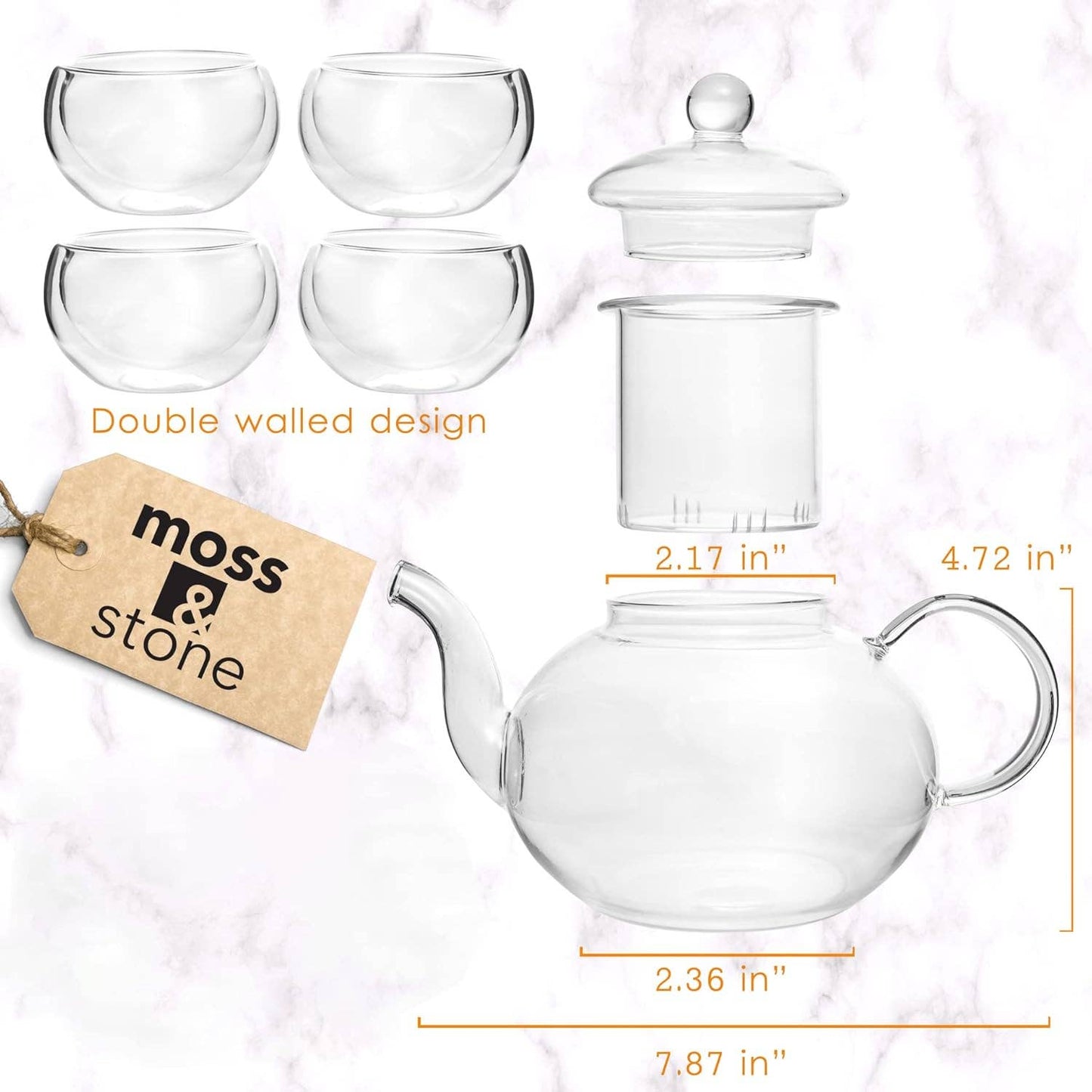 Glass 27oz Tea Kettle Infuser & 4 Tea Cups Gift Set, Borosilicate Glass Teapot With Removable Glass Strainer & Teacups Of 2.7 oz, Teapot With Strainer Microwave Safe Tea Maker