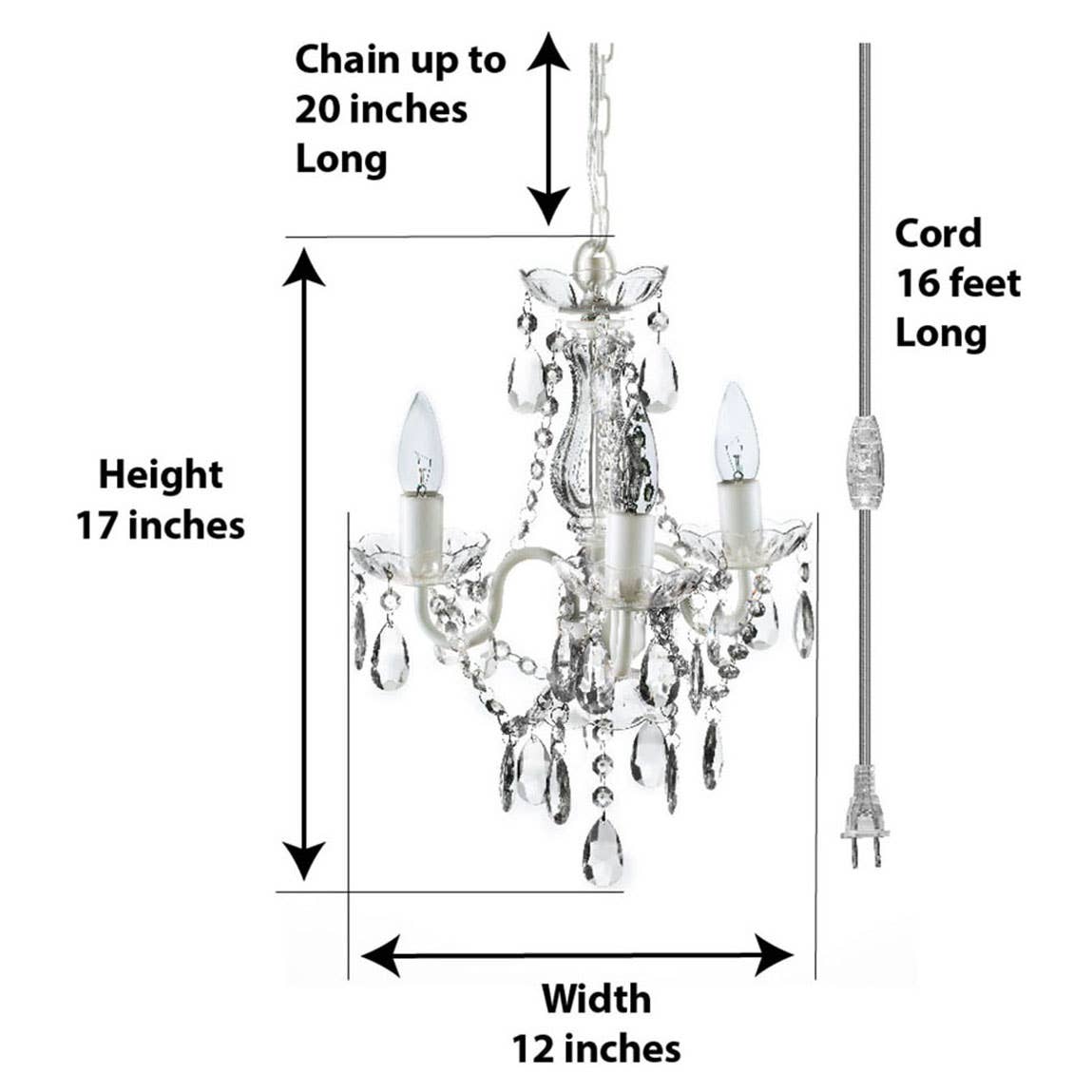 3 Light Crystal White Plug-in Chandelier