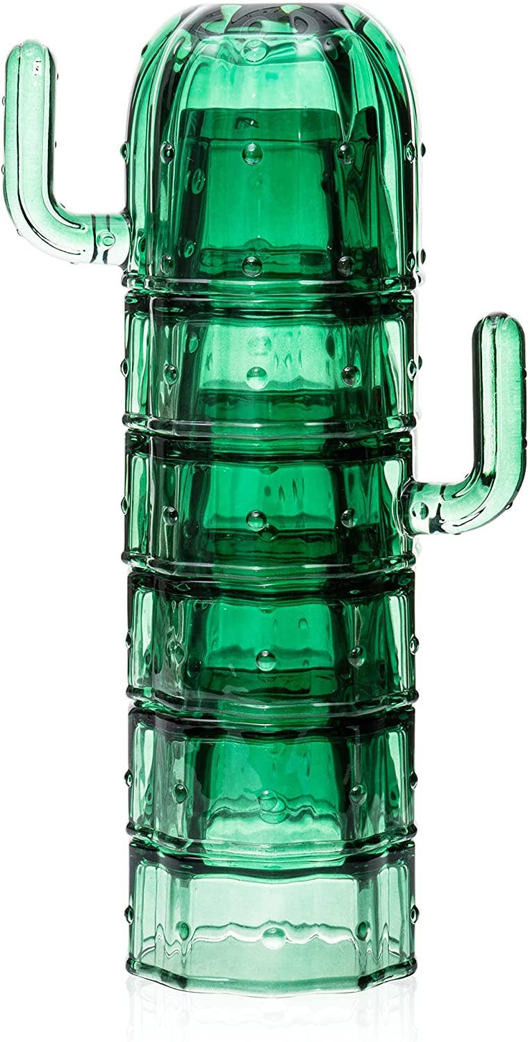 Cactus Stackable Glasses, Glass Green Cactus Cups - 6 Set